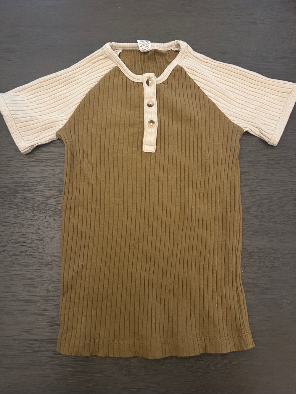kate quinn Brown Ribbed Henley with Cream Raglan Sleeves